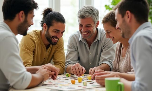 Grupa ludzi grających w gry planszowe w sklepie